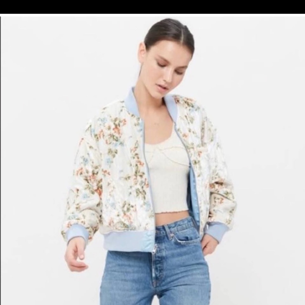 Urban Outfitters Floral Bomber Jacket - Cream and Blue